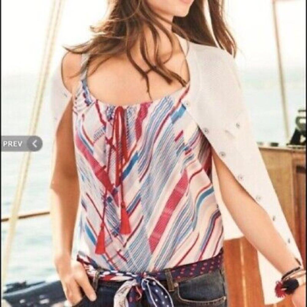 Cabi All Aboard Nautical Print White Red & Blue Striped Tassel Tank Top Small